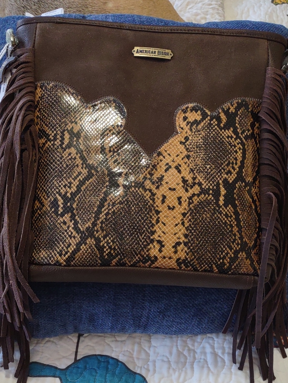 American Bison. Dark Brown Crossbody With Snake Embellishment. NWTS 100% Leather